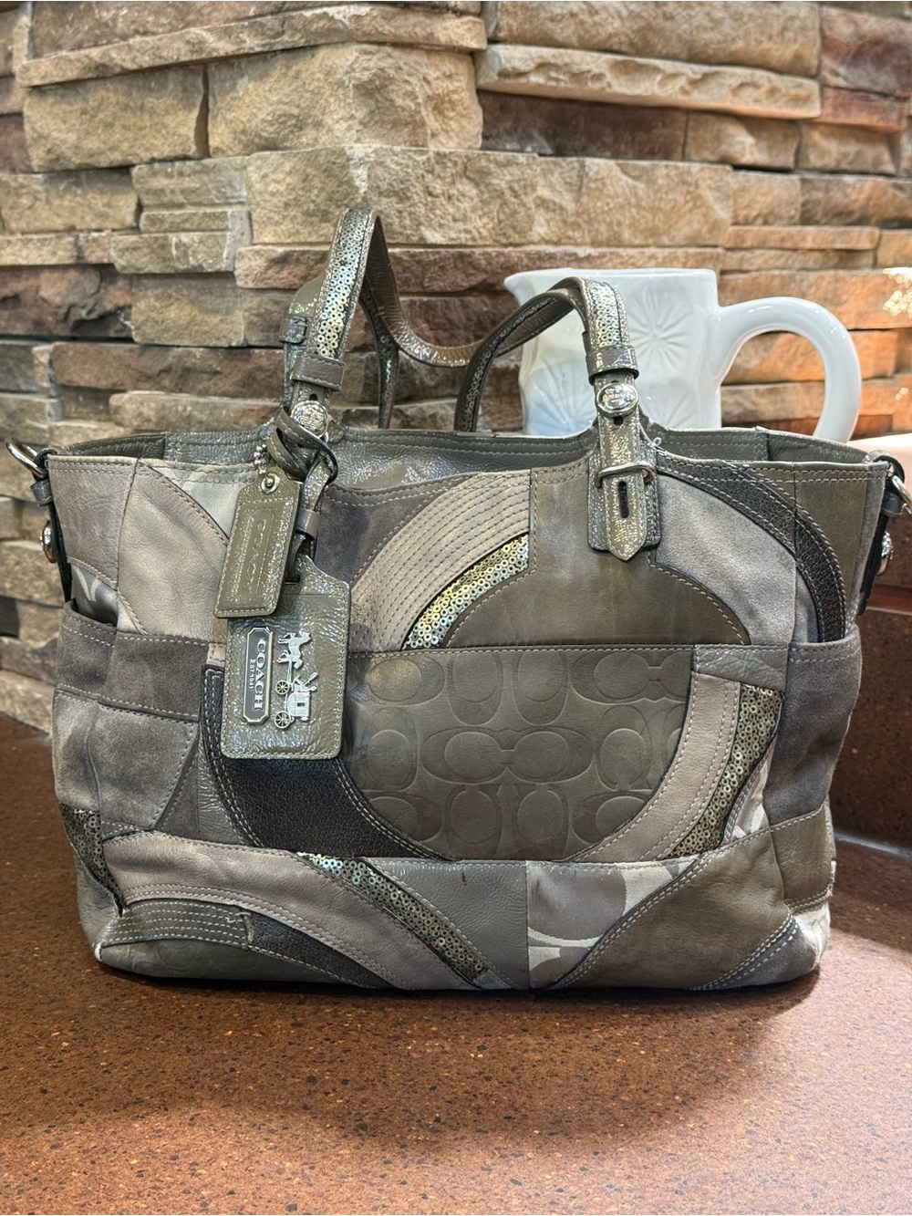 Coach Tribeca Collage E/W Tote Grey Patchwork, Leather, Suede and Sequins